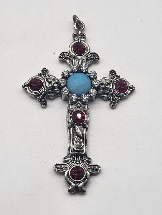no brand Jewelry - Silver Tone Cross Pendant Red Blue Clear Decorated Religious Spiritual Ornate